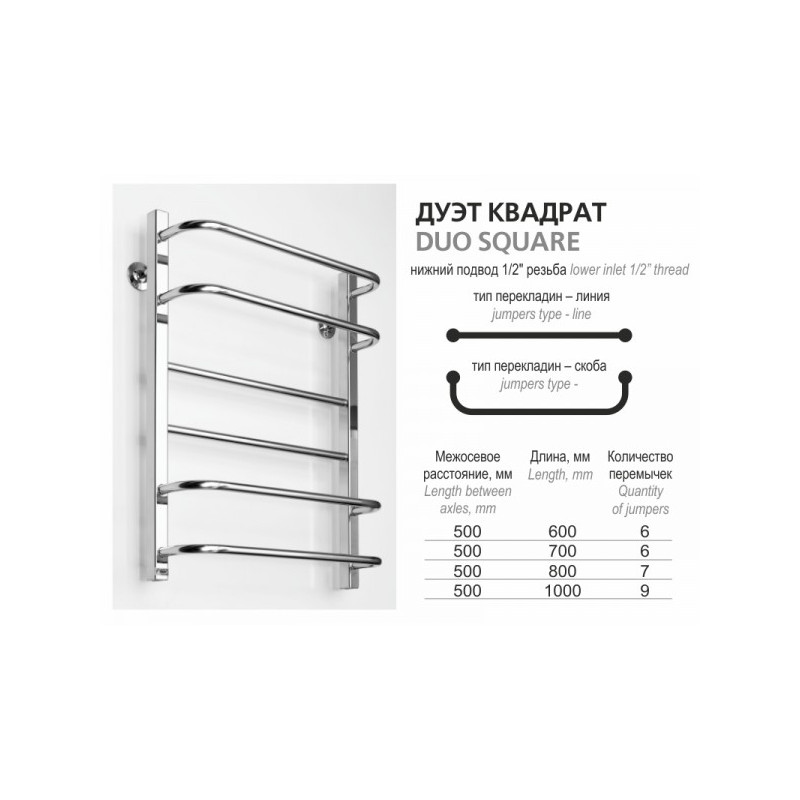 Полотенцесушитель Ростела Дуэт Квадрат 500x700/6 НП (1/2") размер