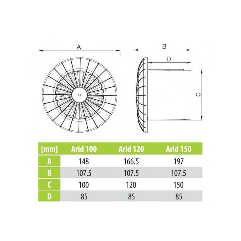 Вытяжной вентилятор airRoxy aRid150HS размеры