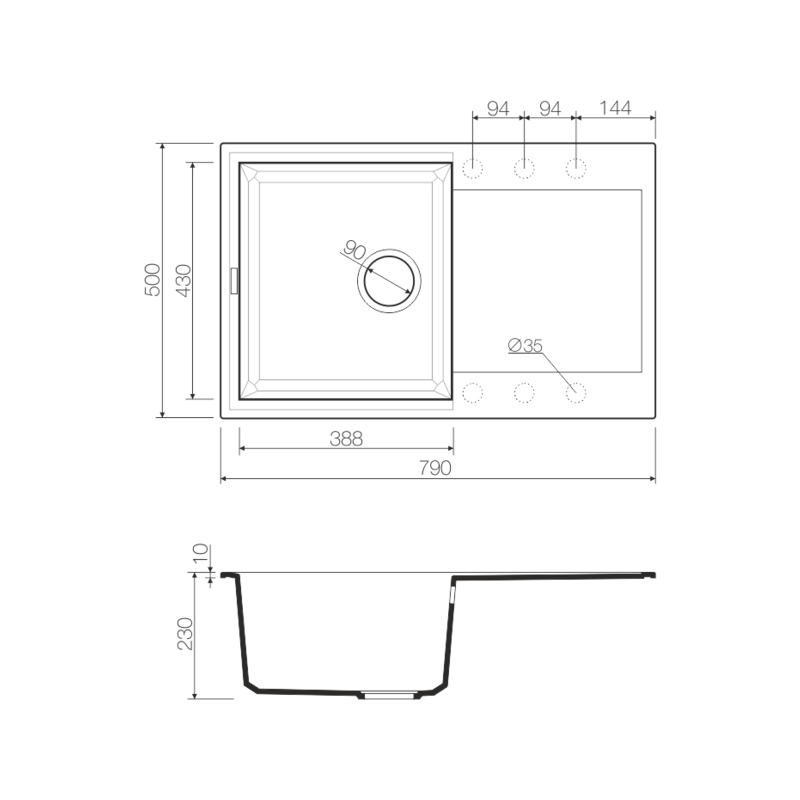 Кухонная мойка Omoikiri Sakaime 79 Tetogranit черный - схема с размерами