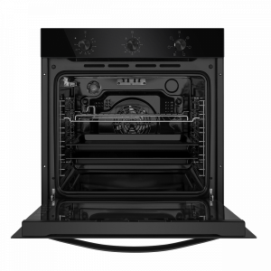 Электрический духовой шкаф Maunfeld EOEF.766B2 Black с открытой дверцей и противнем