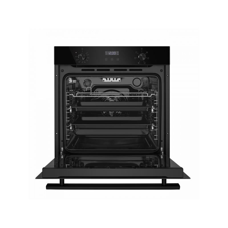 Электрический духовой шкаф Maunfeld EOEM.769B3 Black с открытой дверцей и противнем