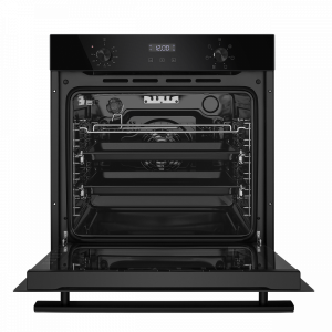 Электрический духовой шкаф Maunfeld EOEM.769B3 Black с открытой дверцей и противнем