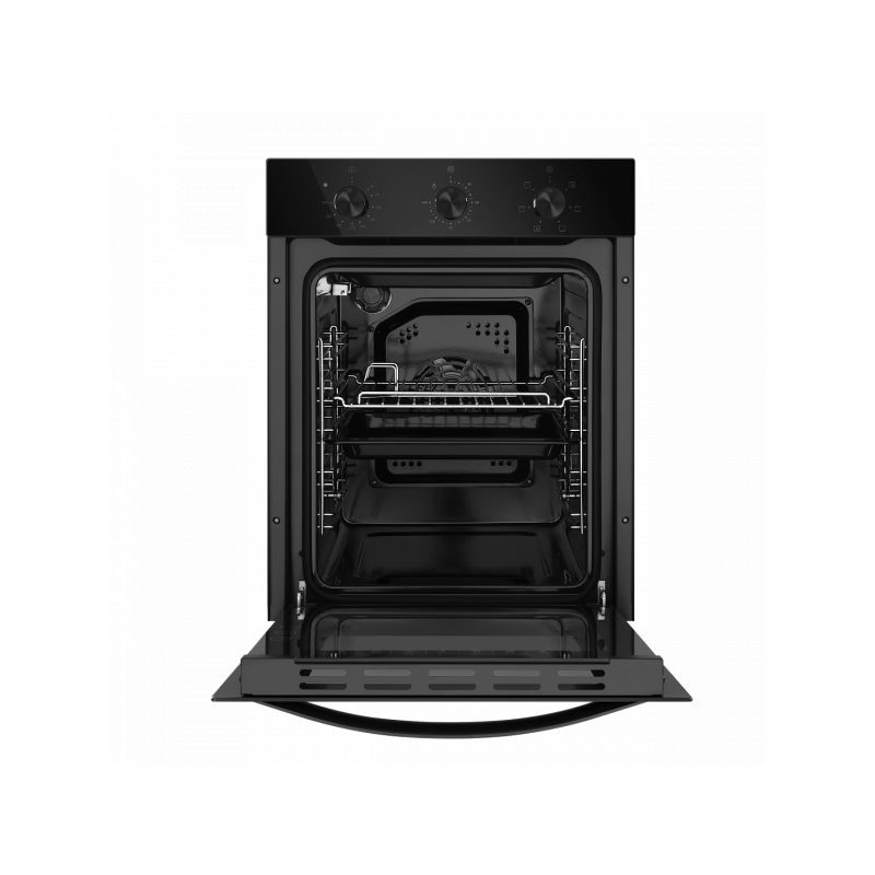 Электрический духовой шкаф Maunfeld EOEC.516B2 Black с открытой дверцей и противнем