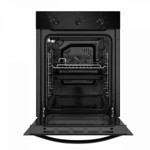 Электрический духовой шкаф Maunfeld EOEC.516B2 Black с открытой дверцей и противнем