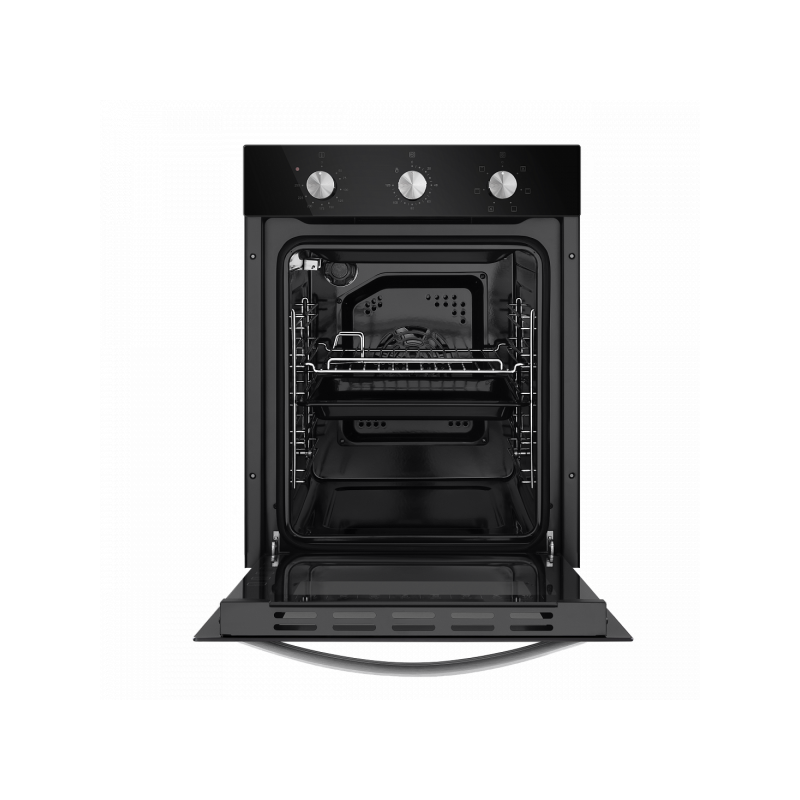 Электрический духовой шкаф Maunfeld EOEC.516B Black с открытой дверцей и противнем