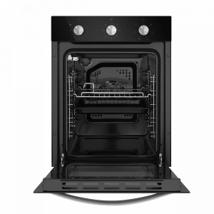 Электрический духовой шкаф Maunfeld EOEC.516B Black с открытой дверцей и противнем