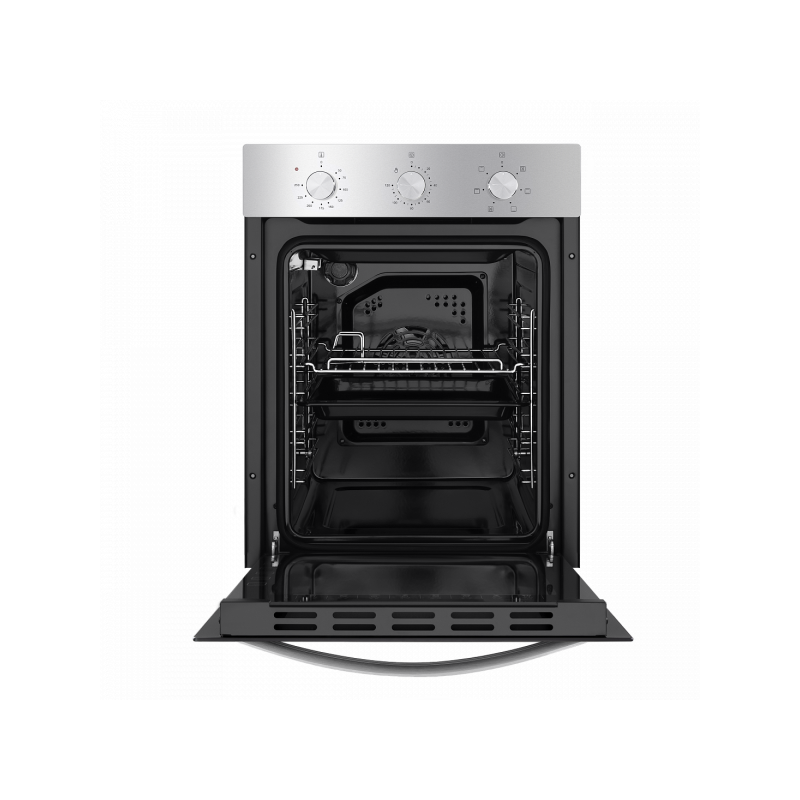 Электрический духовой шкаф Maunfeld EOEC.516S Inox с открытой дверцей и противнем