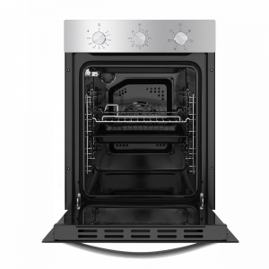 Электрический духовой шкаф Maunfeld EOEC.516S Inox с открытой дверцей и противнем