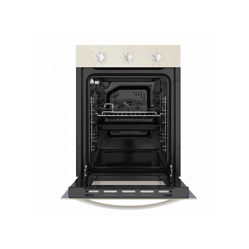 Электрический духовой шкаф Maunfeld EOEC.516BG Beige с открытой дверцей и противнем