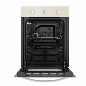 Электрический духовой шкаф Maunfeld EOEC.516BG Beige с открытой дверцей и противнем