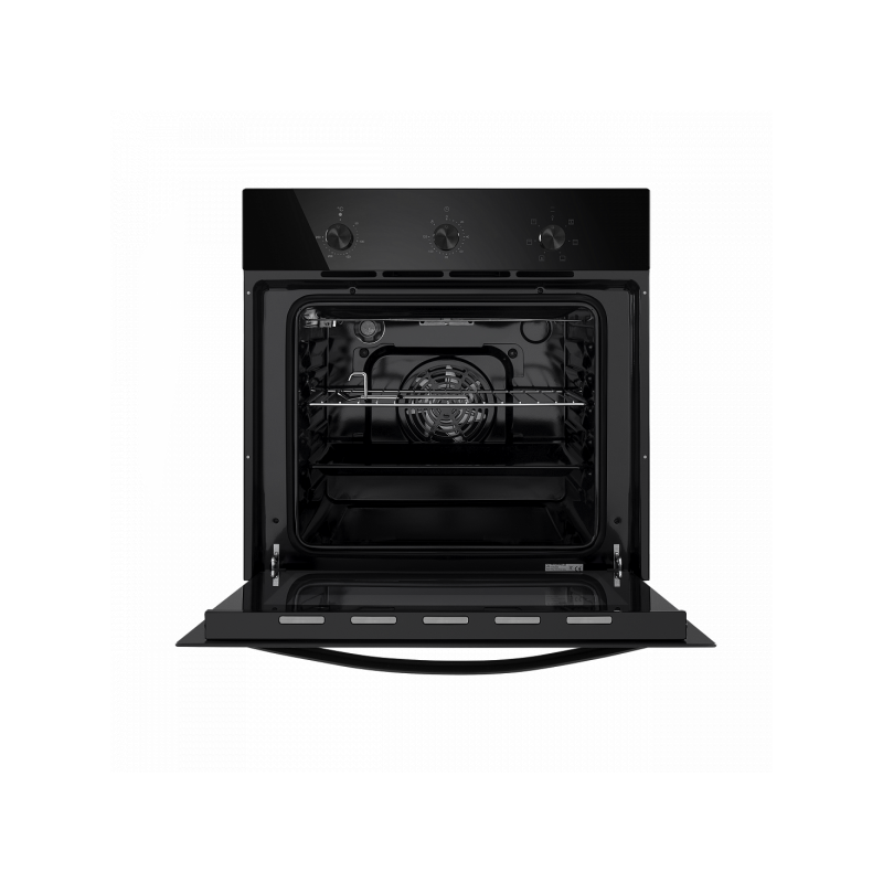 Электрический духовой шкаф Maunfeld EOEC.586B2 Black с открытой дверцей и противнем