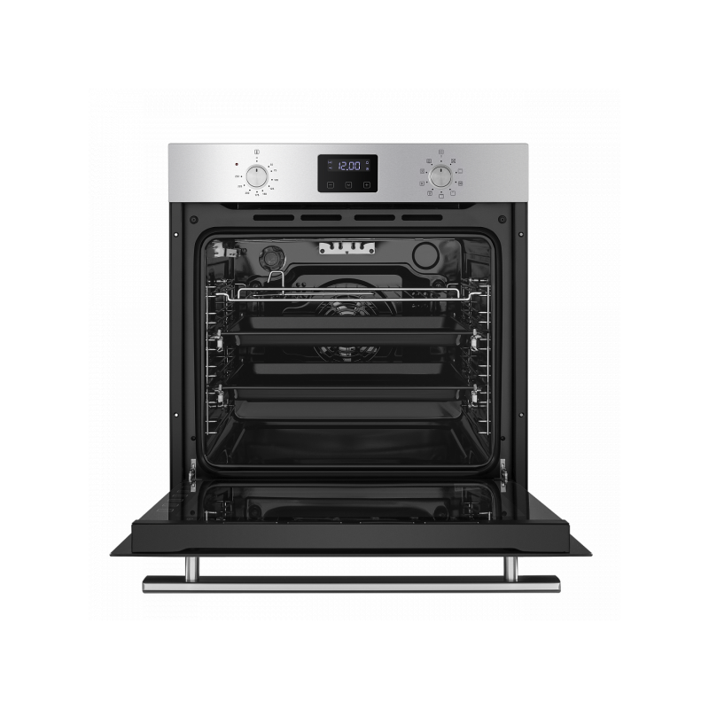 Электрический духовой шкаф Maunfeld EOEM.769S1 Inox с открытой дверцей и противнем