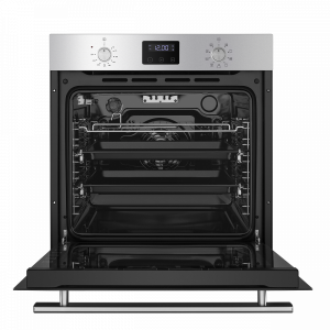 Электрический духовой шкаф Maunfeld EOEM.769S1 Inox с открытой дверцей и противнем