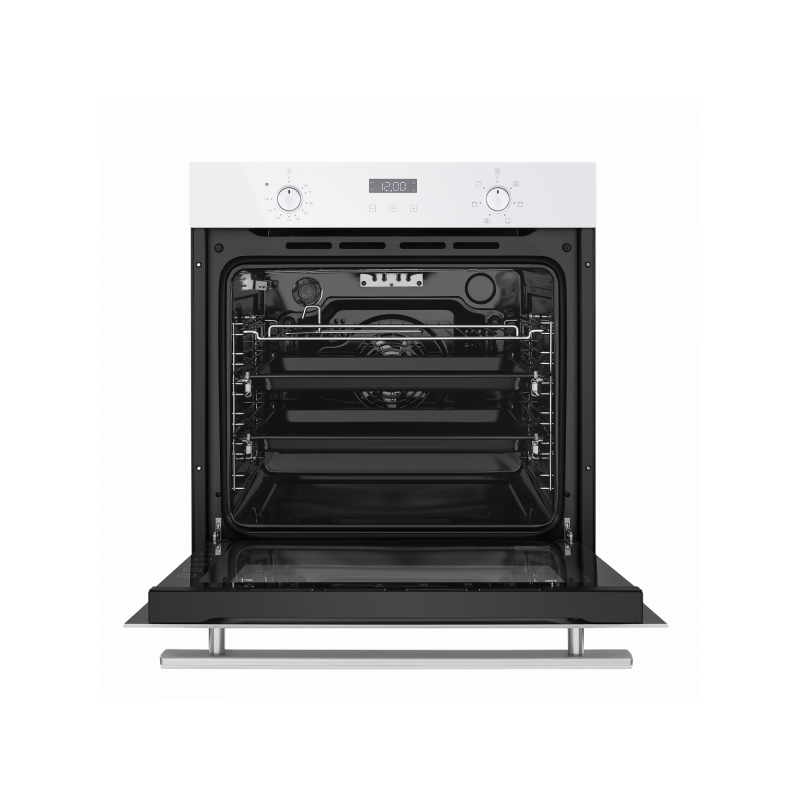Электрический духовой шкаф Maunfeld EOEM.769W White с открытой дверцей и противнем