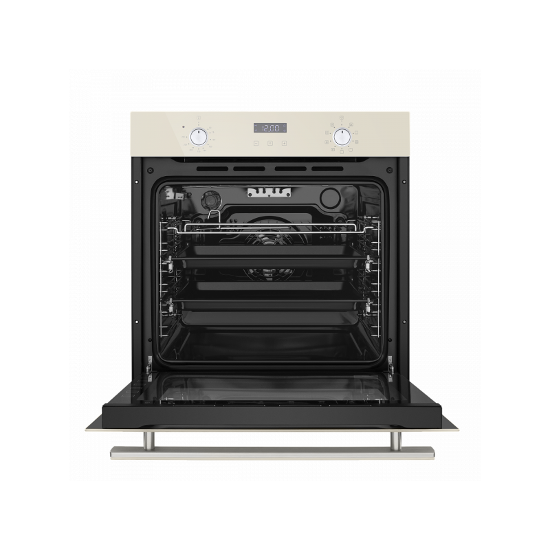 Электрический духовой шкаф Maunfeld EOEM.769BG Ivory с открытой дверцей и противнем