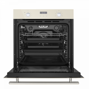 Электрический духовой шкаф Maunfeld EOEM.769BG Ivory с открытой дверцей и противнем