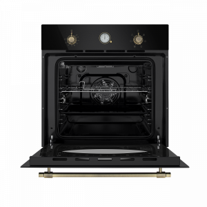 Электрический духовой шкаф Maunfeld EOEFG.566RBG.RT Black с открытой дверцей и противнем