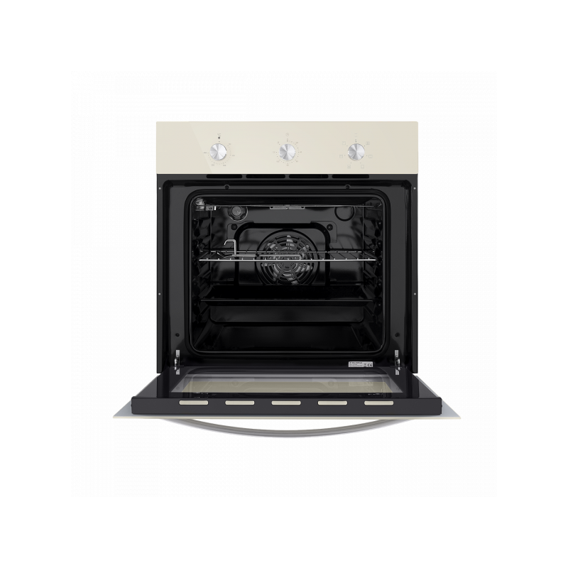 Электрический духовой шкаф Maunfeld EOEC.586BG Beige с открытой дверцей и противнем