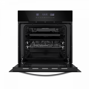 Электрический духовой шкаф Maunfeld EOEH.5811B Black с открытой дверцей и комплектующими