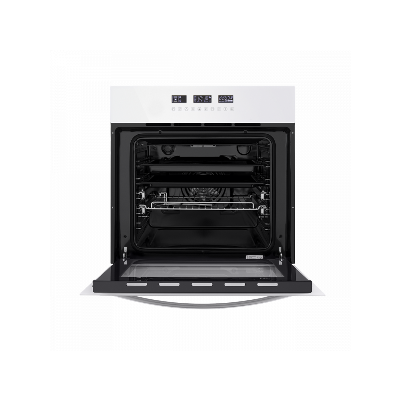 Электрический духовой шкаф Maunfeld EOEH.5811W White с открытой дверцей и противнем