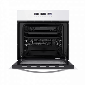 Электрический духовой шкаф Maunfeld EOEH.5811W White с открытой дверцей и противнем