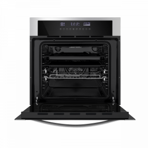 Электрический духовой шкаф Maunfeld EOEH.5811S1 Inox с открытой дверцей и комплектующими