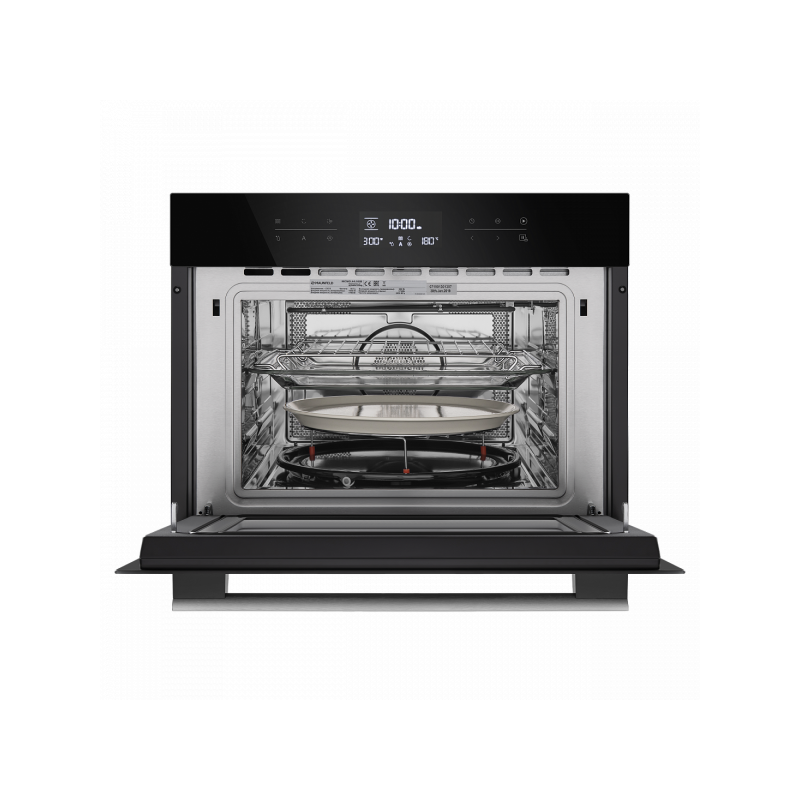 Электрический духовой шкаф Maunfeld MCMO.44.9GB Black с открытой дверцей и комплектацией