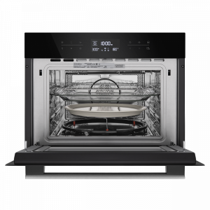 Электрический духовой шкаф Maunfeld MCMO.44.9GB Black с открытой дверцей и комплектацией