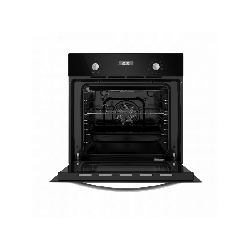 Электрический духовой шкаф Maunfeld EOEM.589B Black с открытой дверцей и противнем