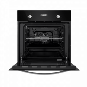 Электрический духовой шкаф Maunfeld EOEM.589B Black с открытой дверцей и противнем