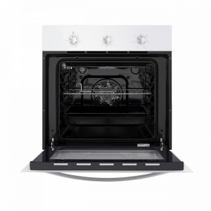 Электрический духовой шкаф Maunfeld EOEC.586W White с открытой дверцей и противнем