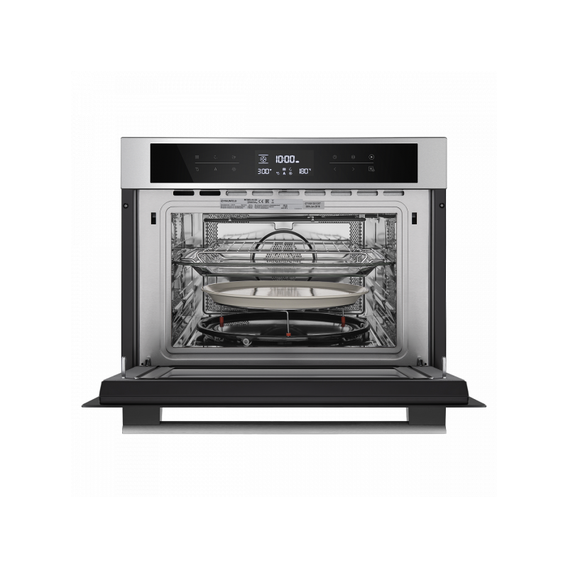 Электрический духовой шкаф Maunfeld MCMO.44.9S Inox с открытой дверцей и комплектующими