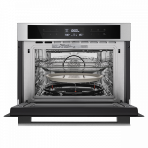 Электрический духовой шкаф Maunfeld MCMO.44.9S Inox с открытой дверцей и комплектующими