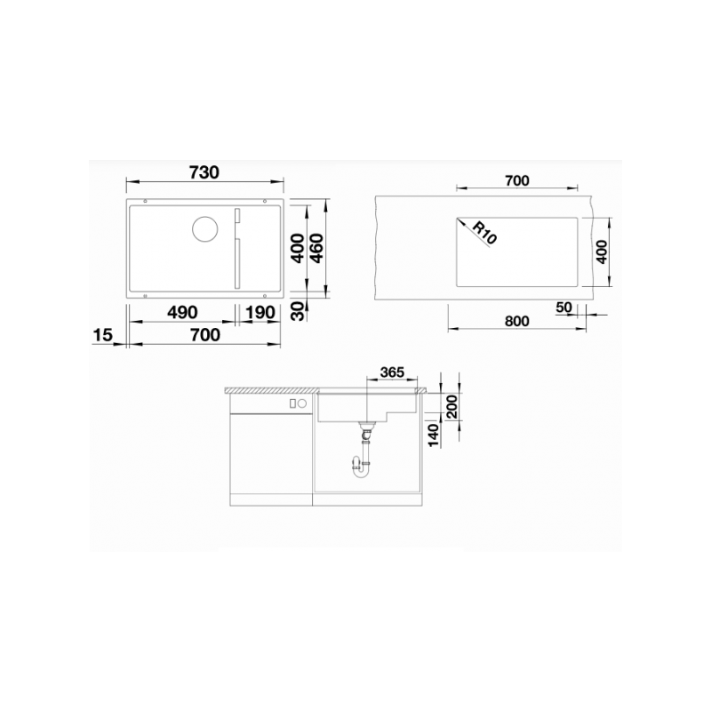 Кухонная мойка Blanco Subline 700-U Level Silgranit черный - схема с размерами