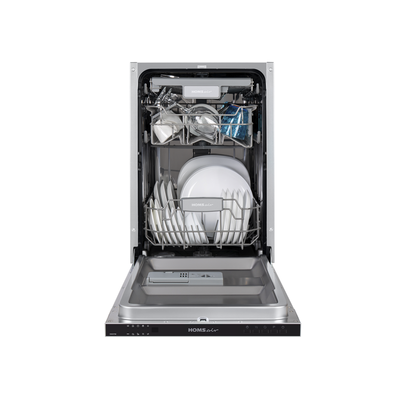 Посудомоечная машина HOMSair DW47M с открытой дверцей и загруженной посудой
