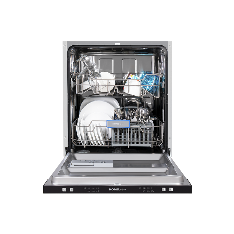 Посудомоечная машина HOMSair DW65L с открытой дверцей и загруженной посудой