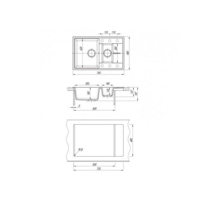 Размеры мойки Dr. Gans Smart Оливия 740К латте