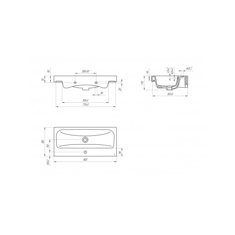 Чертёж умывальника Cersanit Moduo 80 Slim
