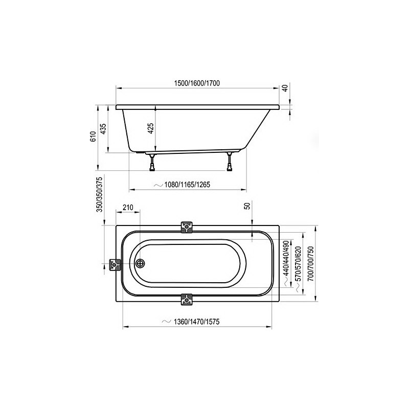 Ванна акриловая Ravak Chrome C741000000 170x75 схема