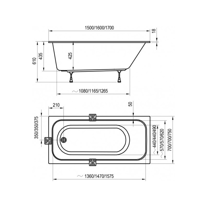 Ванна акриловая Ravak Chrome Slim C741300000 170x75 схема