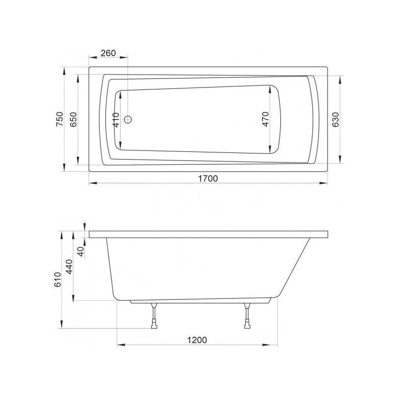 Ванна акриловая Ravak Domino C641R00000 150x70 схема