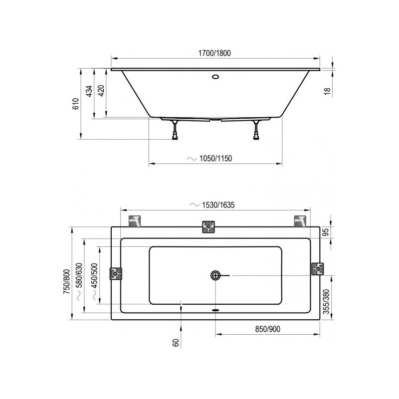 Ванна акриловая Ravak Formy 01 Slim C691300000 170x75 схема