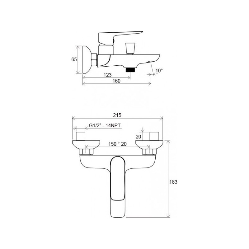 Смеситель Ravak CL 022.00/150 - схема с размерами