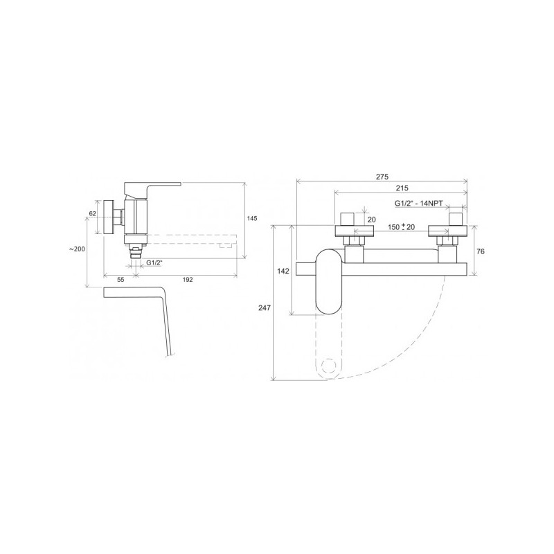 Смеситель Ravak CR 022.00/150  X070042 - схема с размерами