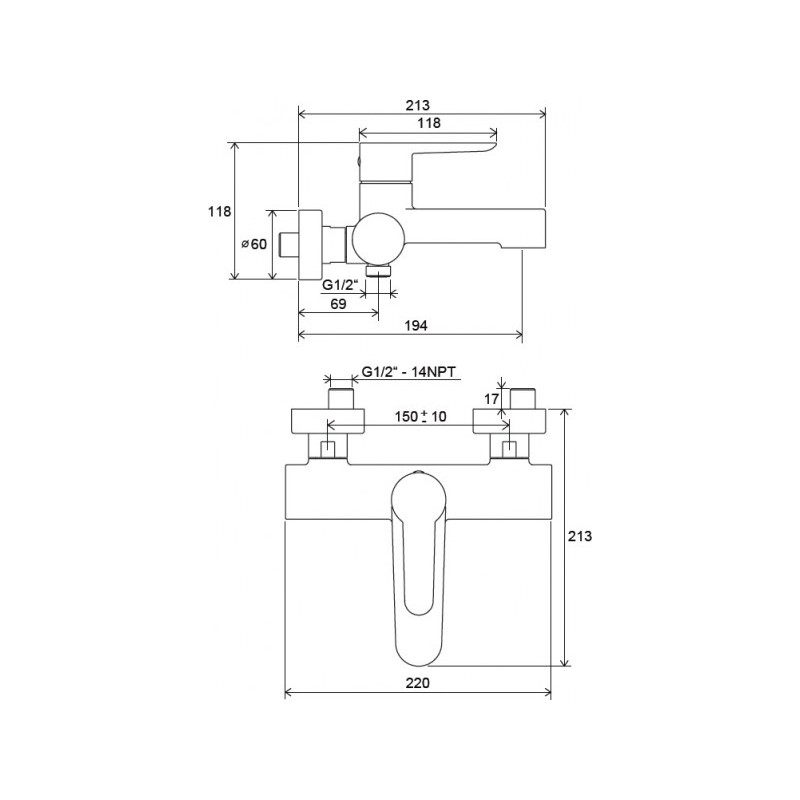 Смеситель Ravak PU 022.00/150 X070115 - схема с размерами
