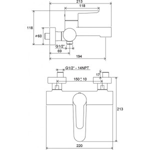 Смеситель Ravak PU 022.00/150 X070115 - схема с размерами
