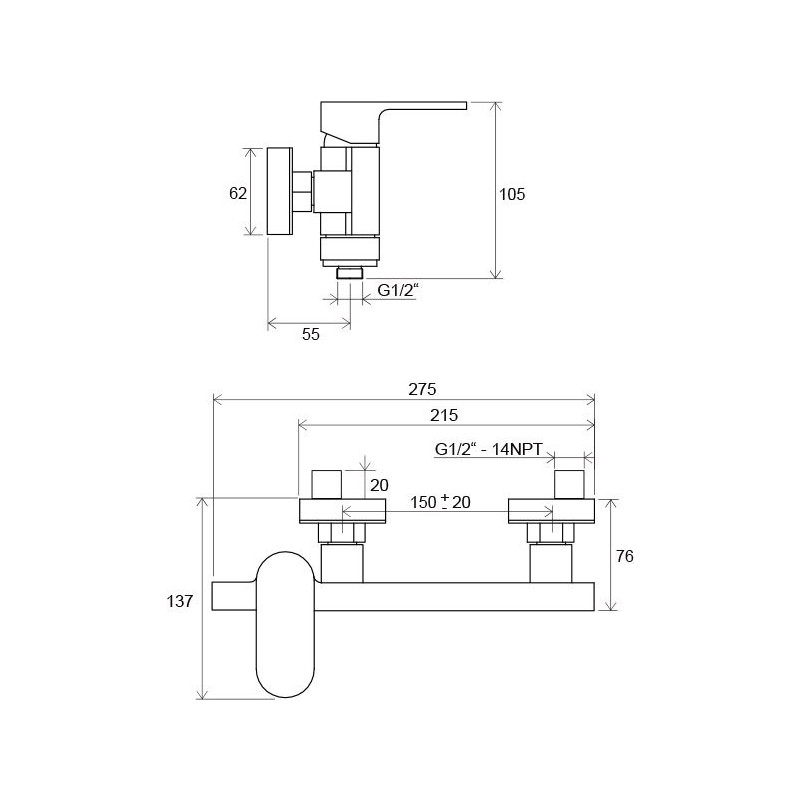 Смеситель Ravak CR 032.00/150 X070043 - схема с размерами