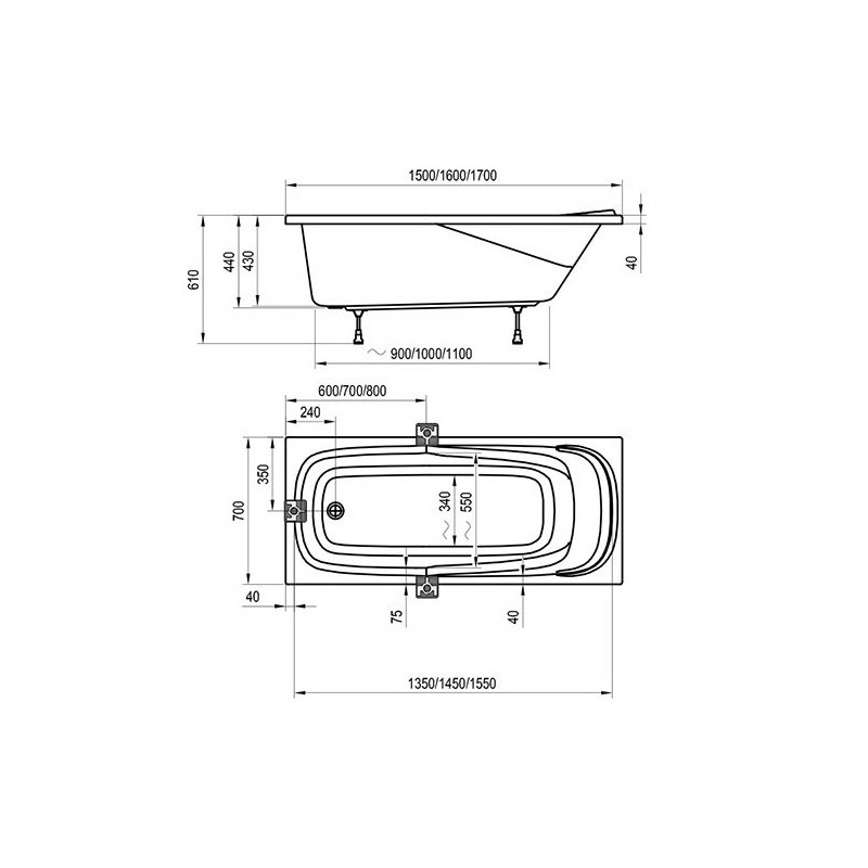 Ванна акриловая Ravak Vanda II CP11000000 160x70 схема