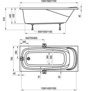 Ванна акриловая Ravak Vanda II CP21000000 170x70 схема