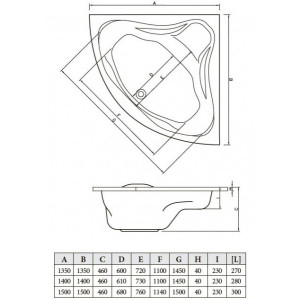 Ванна акриловая Bonito Home Andro BH-AN-301-140/Su 140x140 (с ножками) схема